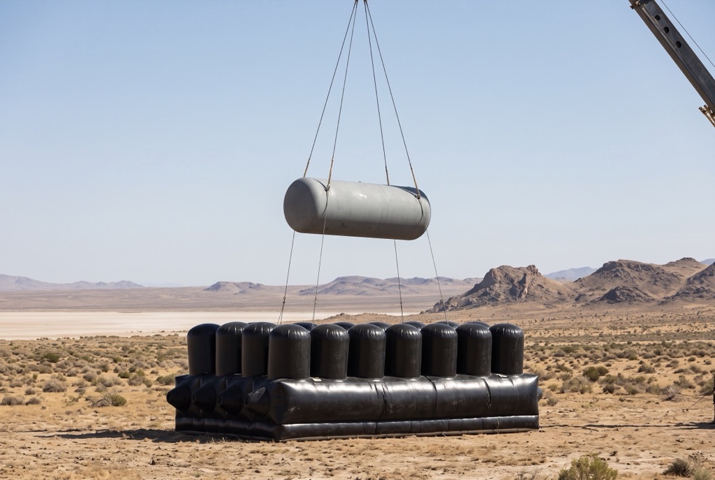 BAGJUMP air-pillar catch system receiving a suspended test canister on a desert test range
